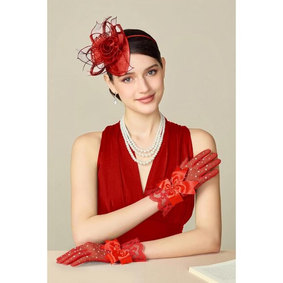 Women's Red Evening Rhinestone Short Bow Lace Tulle Sheer Sparkly Gloves - Picture 2 of 6